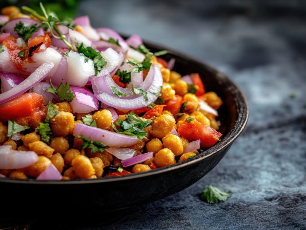 ENSALADA ESPECIADA DE GARBANZOS CON CEBOLLA MORADA, TOMATE Y CILANTRO