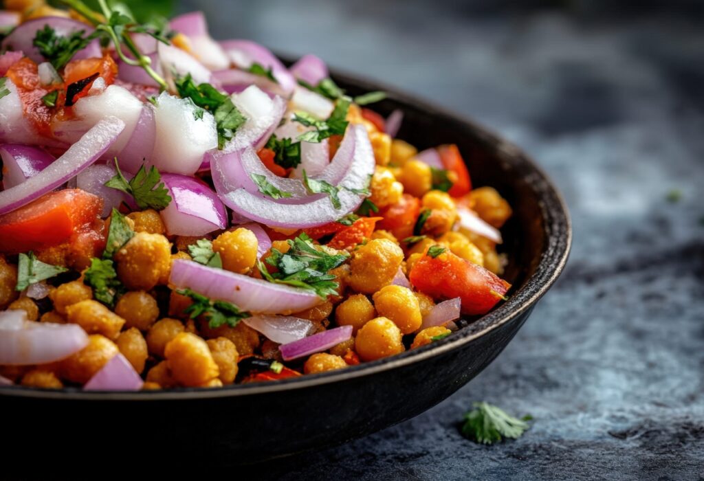 ENSALADA ESPECIADA DE GARBANZOS CON CEBOLLA MORADA, TOMATE Y CILANTRO