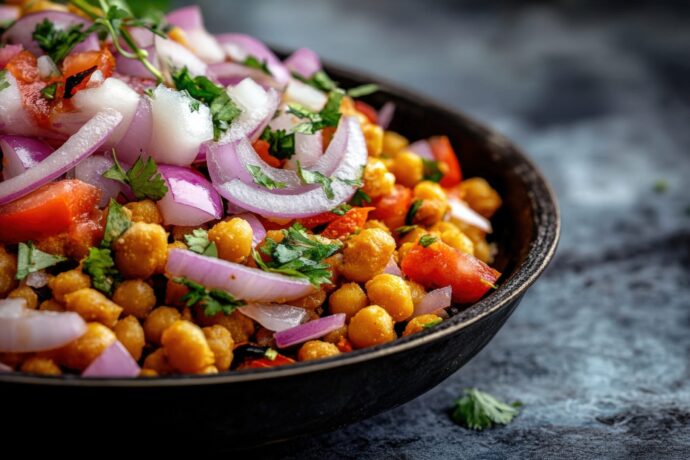 ENSALADA ESPECIADA DE GARBANZOS CON CEBOLLA MORADA, TOMATE Y CILANTRO