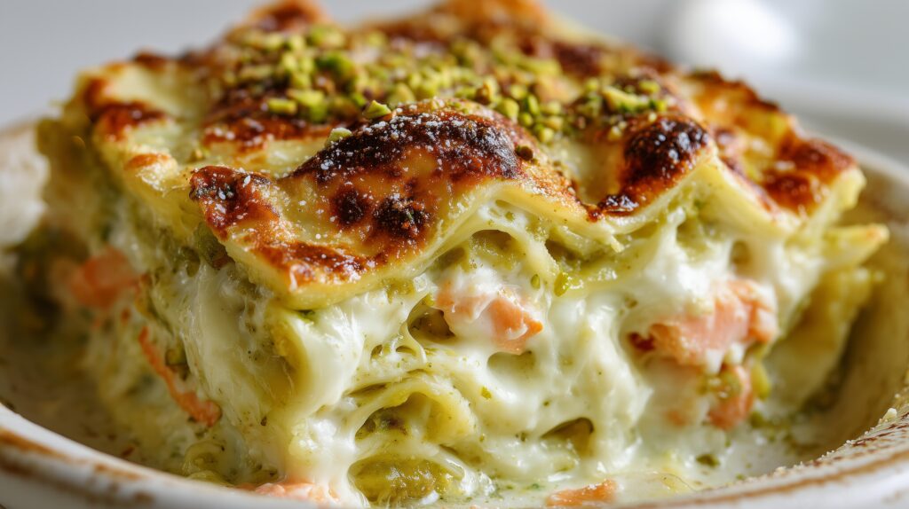LASAÑA DE SALMÓN CON SALSA PESTO Y PISTACHOS