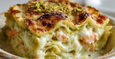 LASAÑA DE SALMÓN CON SALSA PESTO Y PISTACHOS