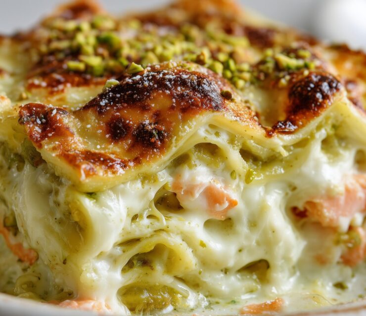 LASAÑA DE SALMÓN CON SALSA PESTO Y PISTACHOS