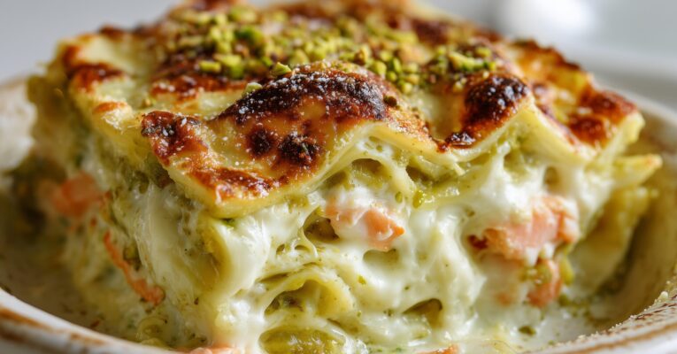 LASAÑA DE SALMÓN CON SALSA PESTO Y PISTACHOS